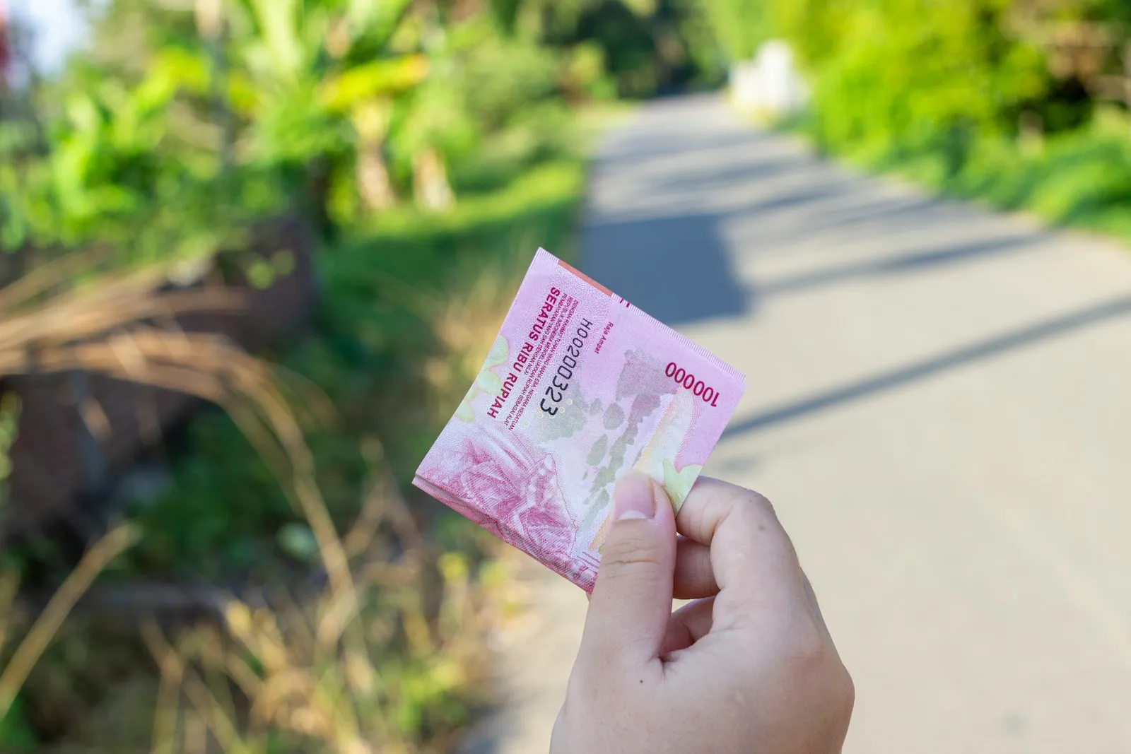 person holding a pink and white banknote