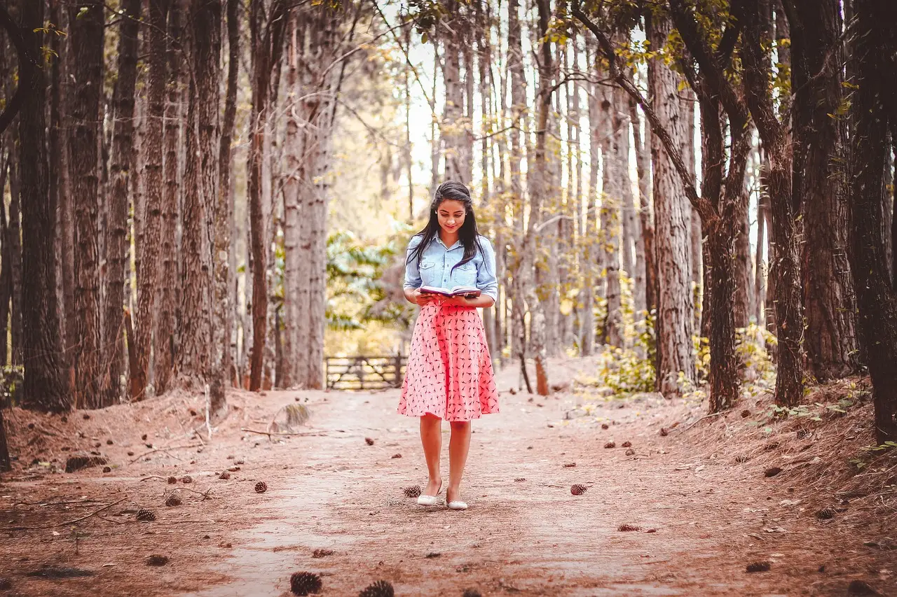 woman, trees, book