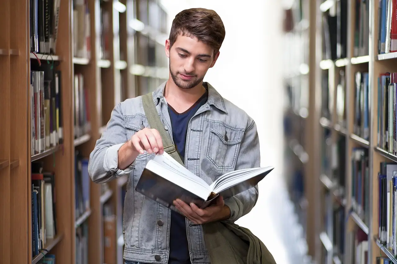 college student, library, man