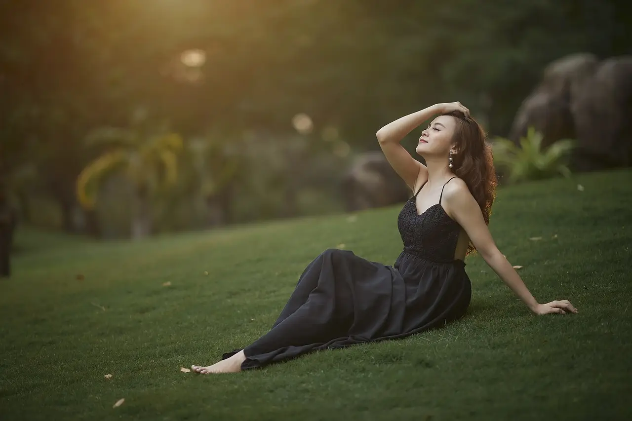 woman, grass, sunset